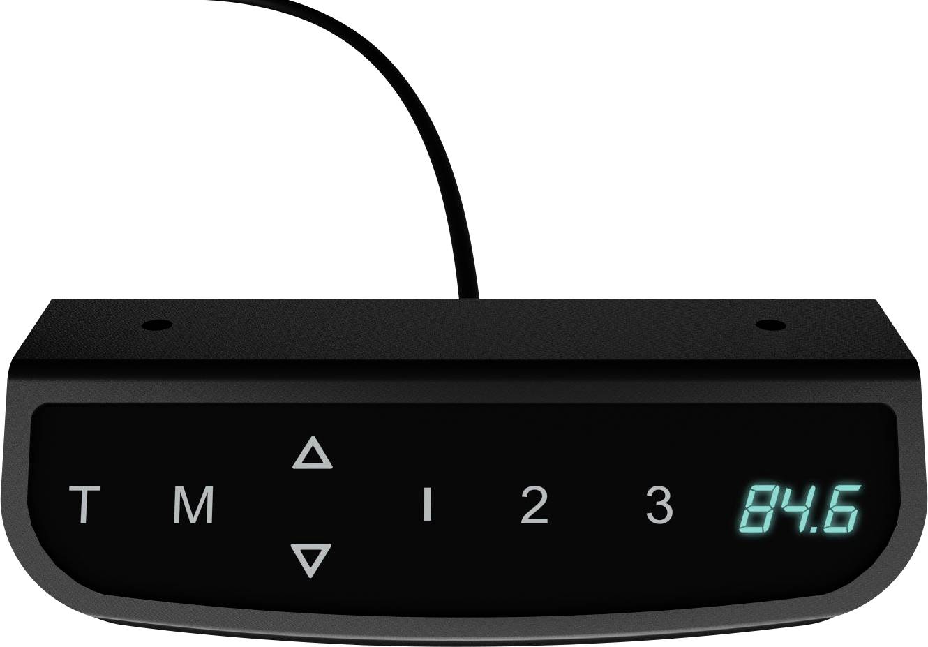 Ein digitales Steuerpult mit Anzeige '84.6' und Tasten T, M, I, 1, 2, Pfeile nach oben und unten, verbunden mit einem Kabel.