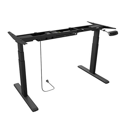 Höhenverstellbarer Schreibtischrahmen in Schwarz, elektronisch gesteuert, mit Steuerpanel und Kabel, geeignet für ergonomische Arbeitsplätze.