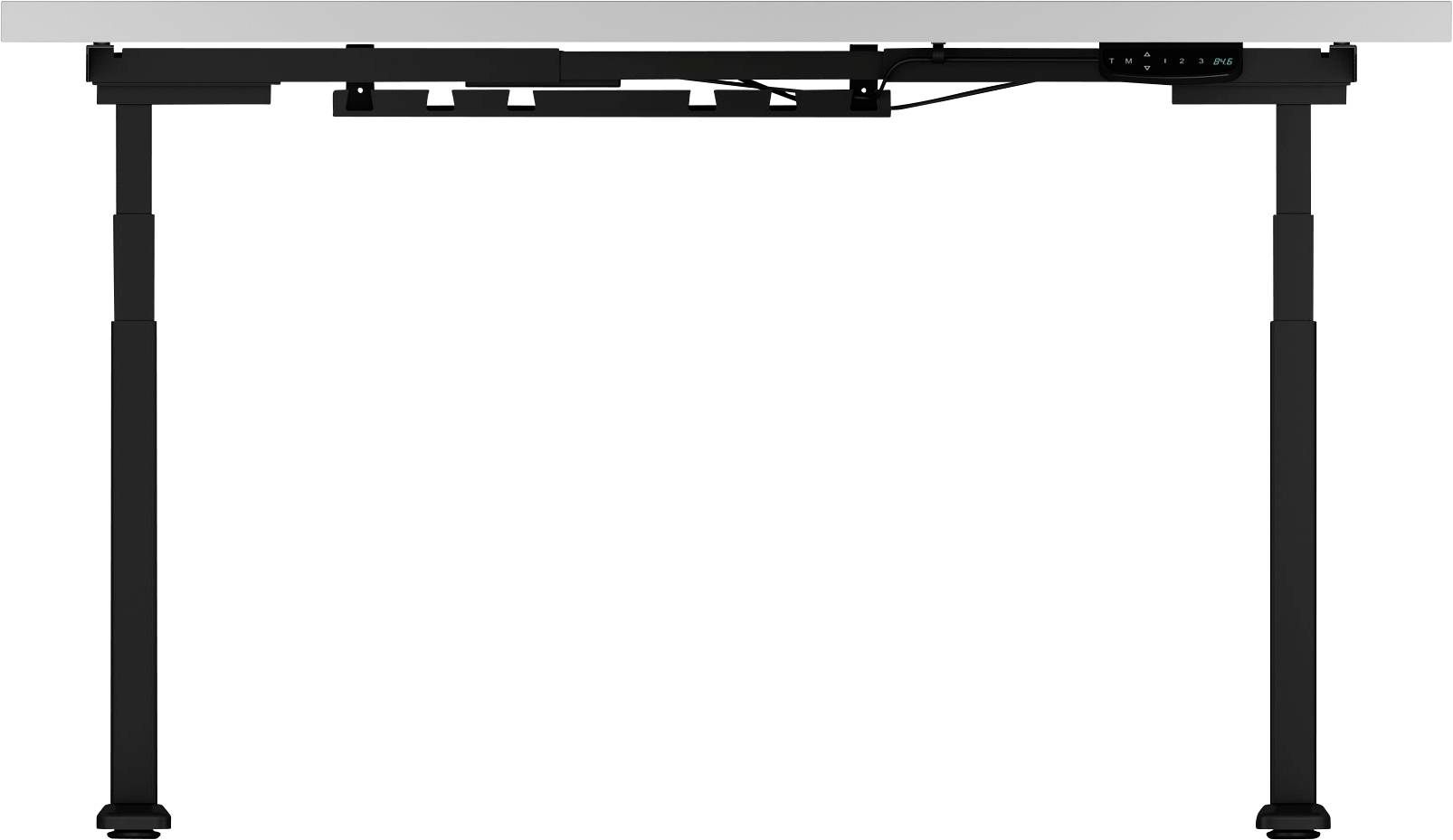 Höhenverstellbares Schreibtischgestell aus schwarzem Metall mit zwei Teleskopbeinen und Bedienelementen unter der Tischplatte.