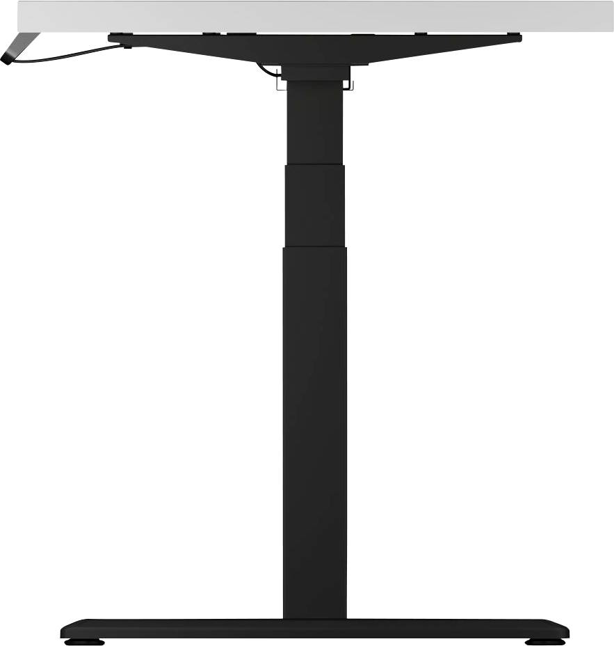 Ein höhenverstellbarer Schreibtisch in seitlicher Ansicht, schwarze Basis mit rechteckiger weißer Tischplatte.