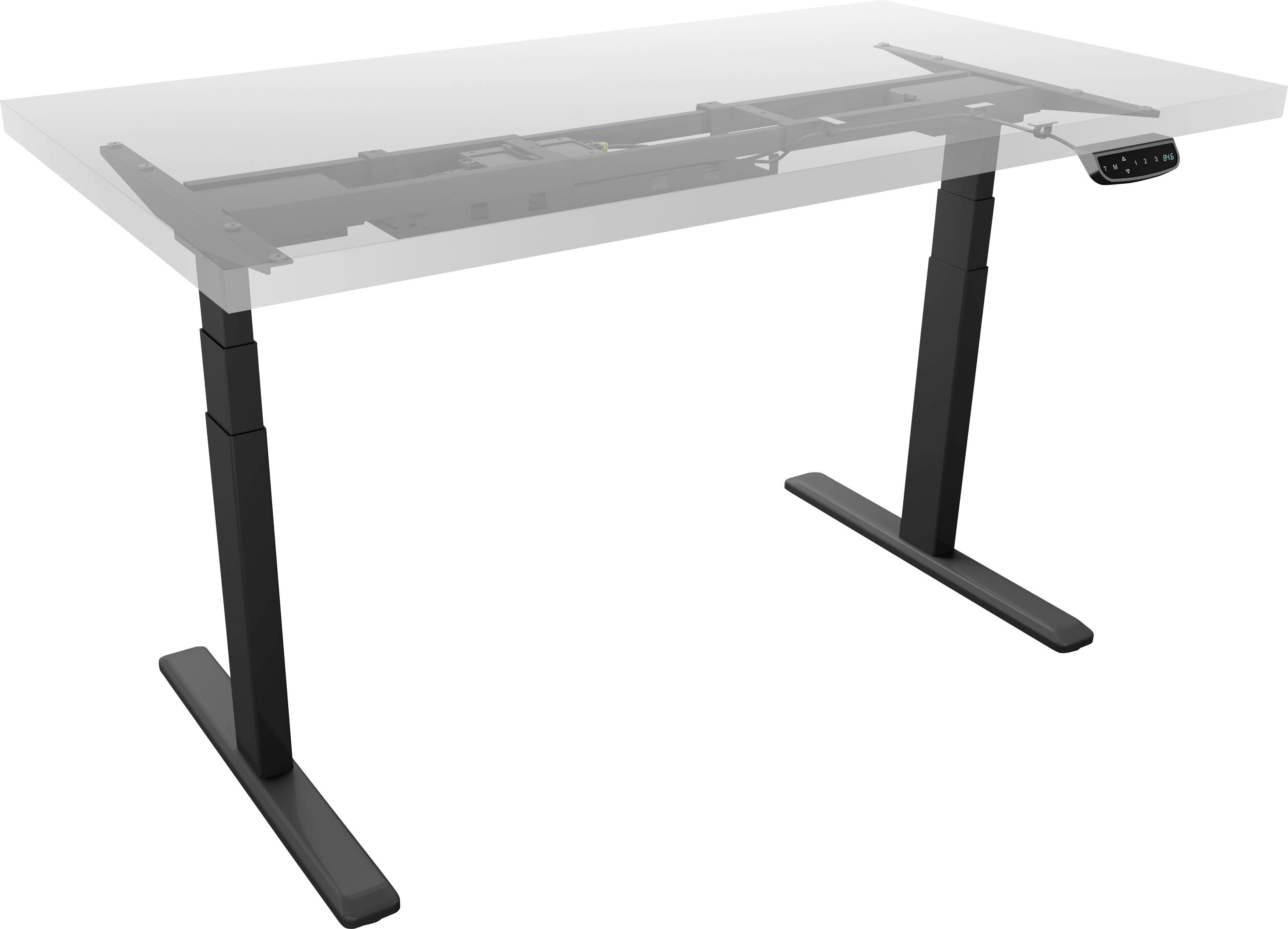 Höhenverstellbarer Schreibtischrahmen in Schwarz mit einer Steuereinheit an der Vorderseite. Ideal für ergonomisches Arbeiten im Büro.