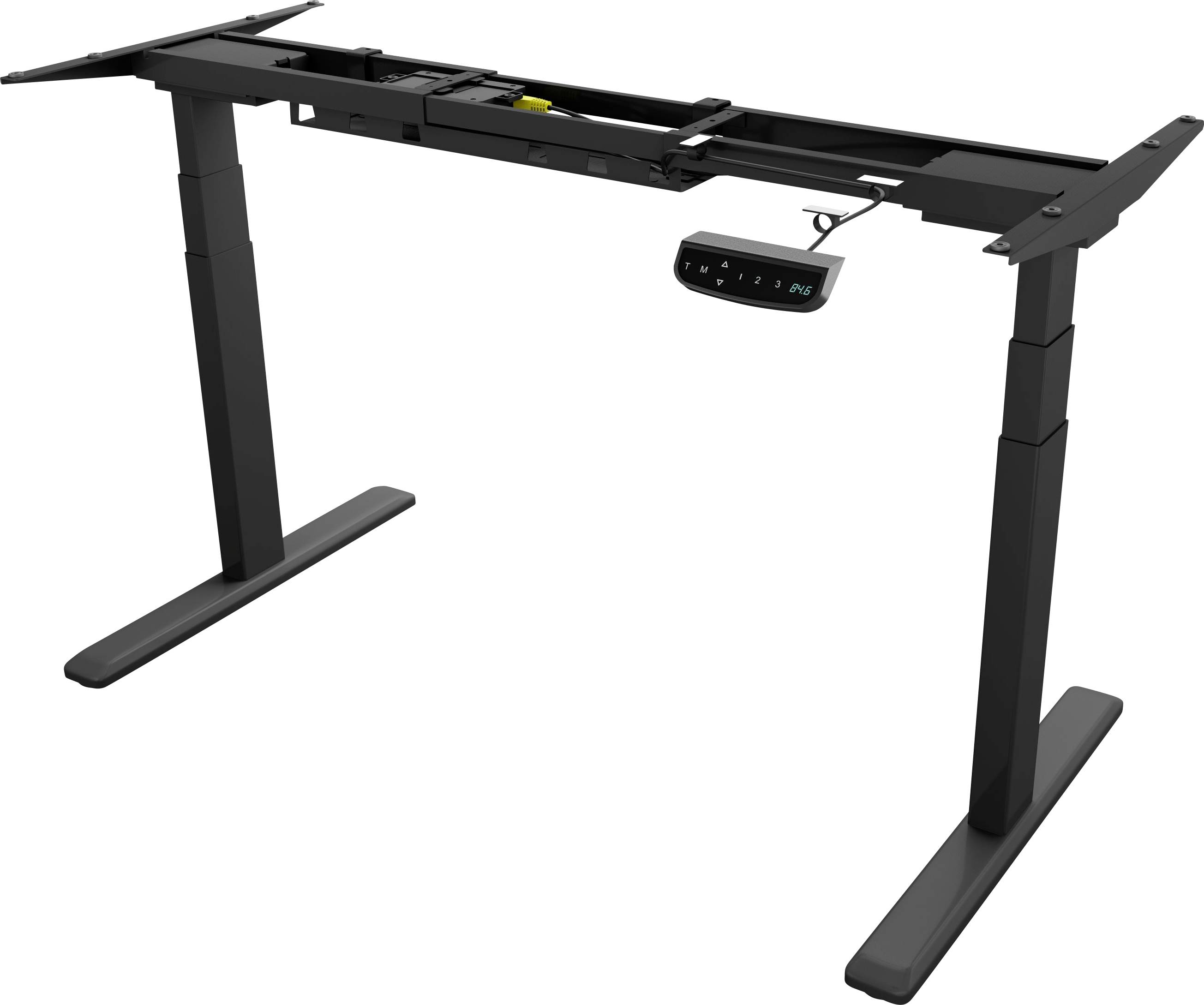 Ein schwarzes, höhenverstellbares Tischgestell mit Bedienelement. Geeignet für ergonomische Arbeitsplätze.
