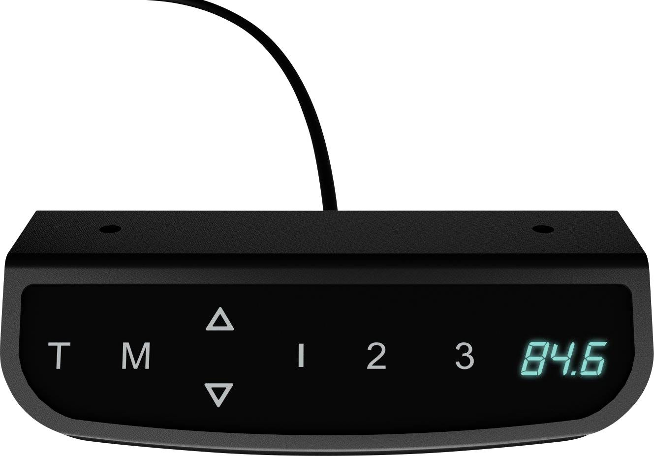 Ein schwarzes elektronisches Paneel mit Knöpfen 'T', 'M', 'I', '1', '2', '3' und einem digitalen Display, das '84,6' zeigt.