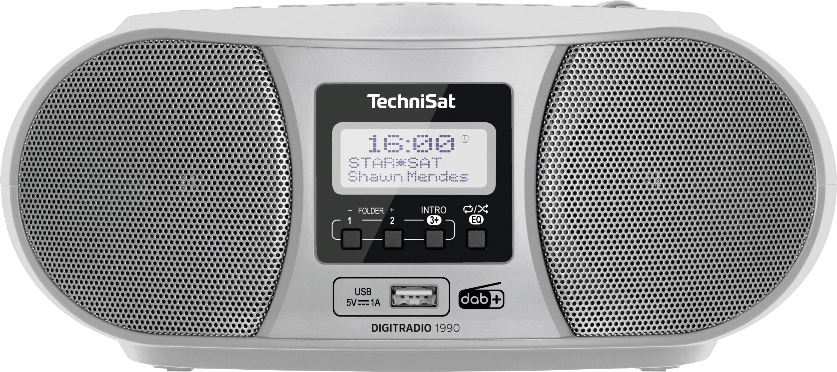 Ein silbernes tragbares Radio mit zwei Lautsprechern und einem Display, das '16:00' und 'STARSAT' zeigt. Es hat Knöpfe und einen USB-Anschluss.