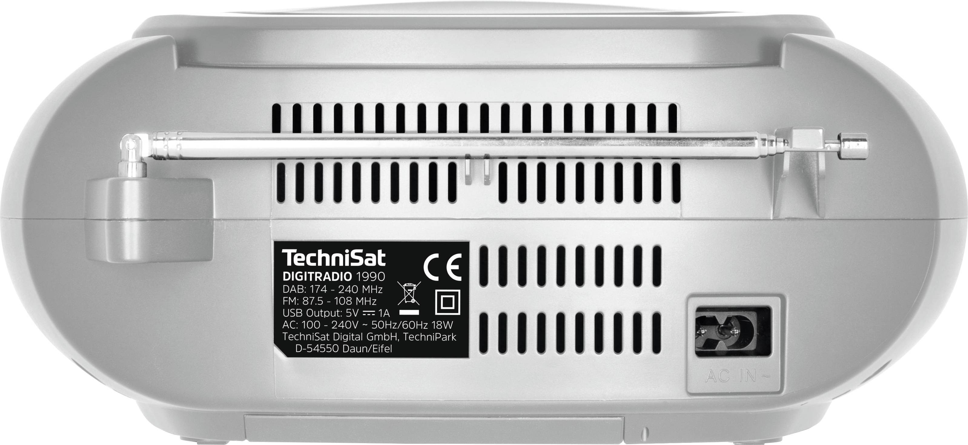 TechniSat DIGITRADIO 1990 CD-Radio DAB+, UKW AUX, Bluetooth®, CD, USB Akku-Ladefunktion, Weckfunktion Silber
