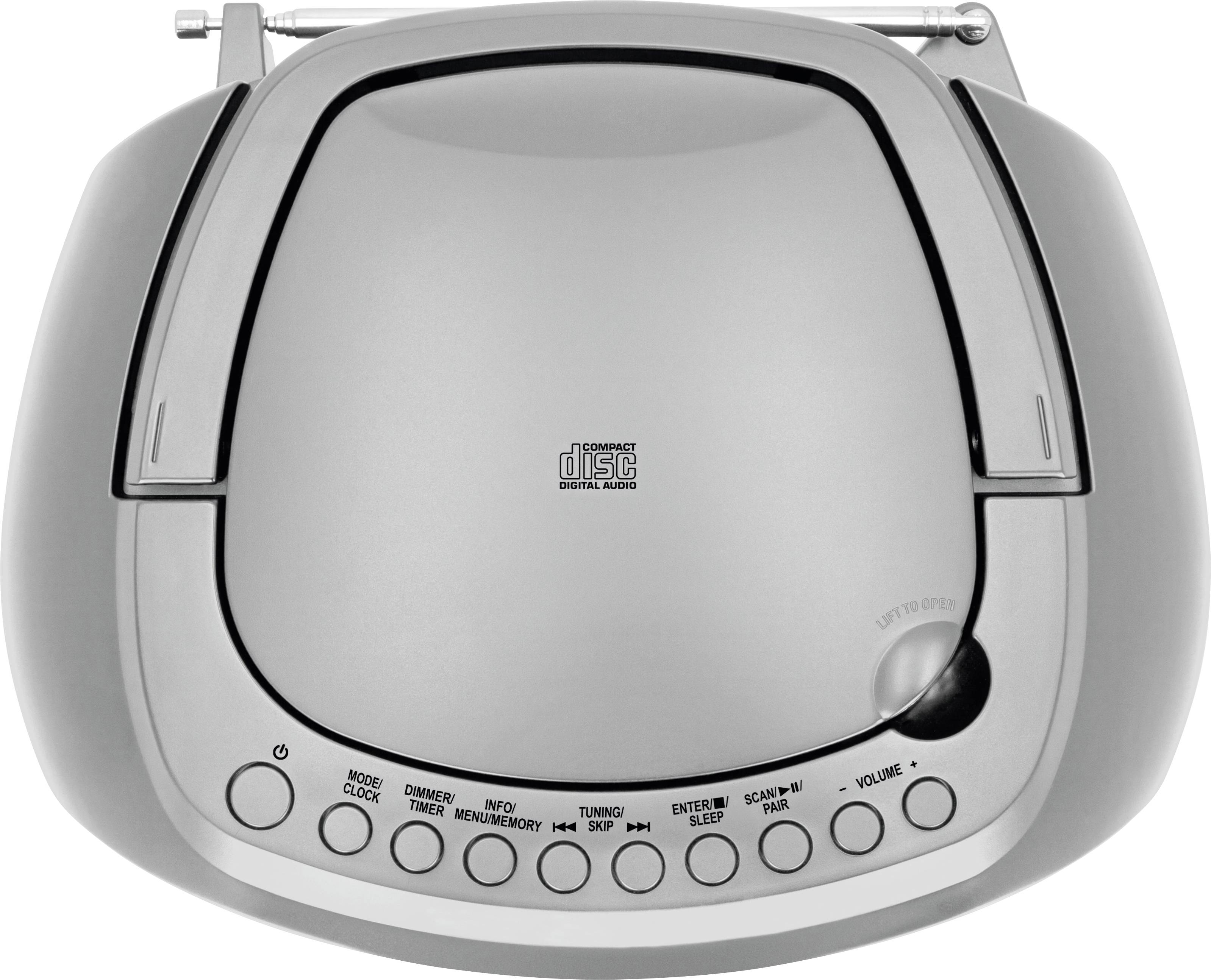 CD-Player mit digitalem Display und mehreren Funktionstasten für Uhr, Menü, Timer, Sleep und Lautstärke, von oben gesehen.