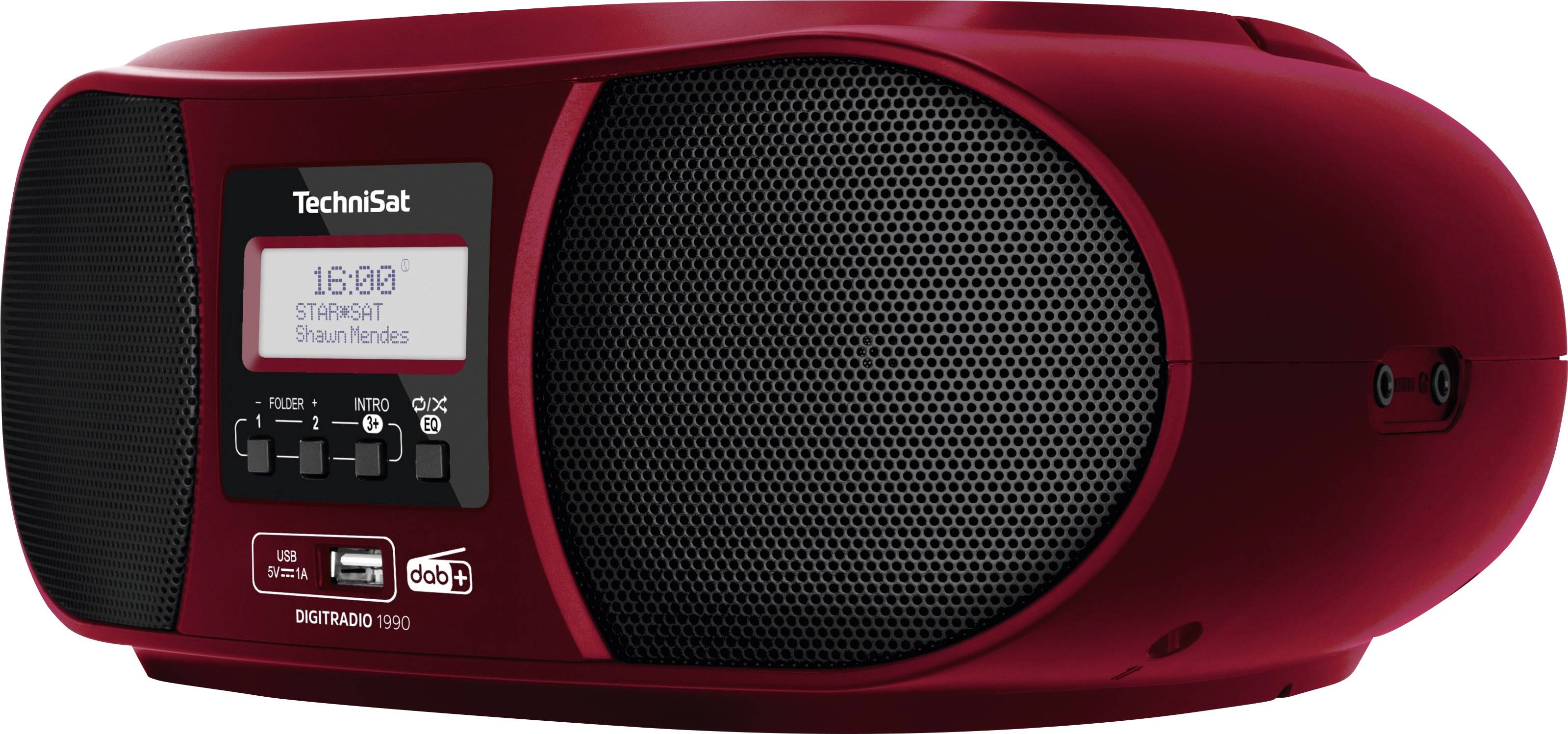 Rotes Radio mit Lautsprechern. Auf dem Display wird '16:00 STARLIGHT Shawn Mendes' angezeigt. Es gibt Tasten und einen USB-Anschluss.
