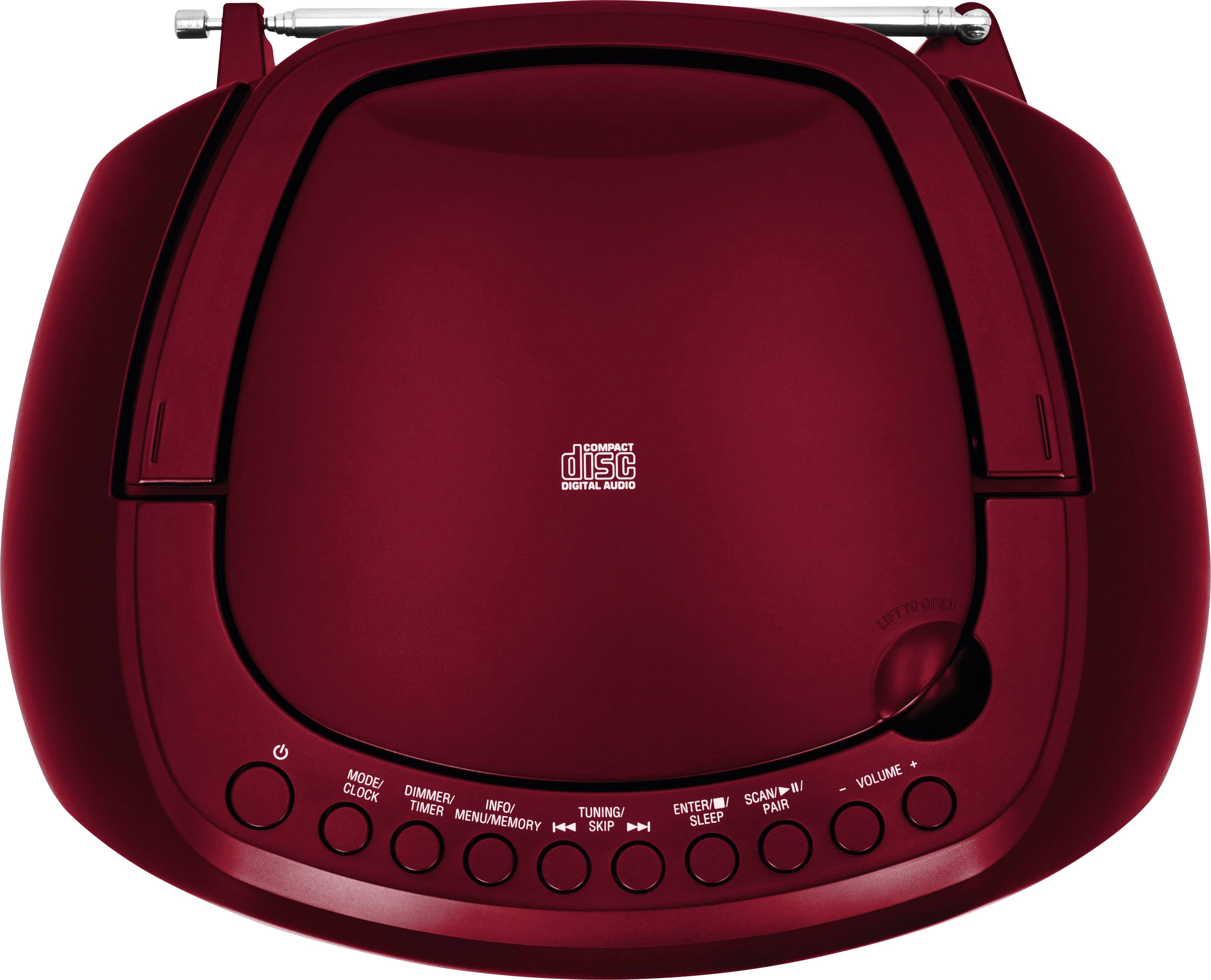 Ein roter tragbarer CD-Player von der Marke 'memorex', mit Steuerknöpfen für Wiedergabe, Stopp, Überspringen, Lautstärke und Radio.