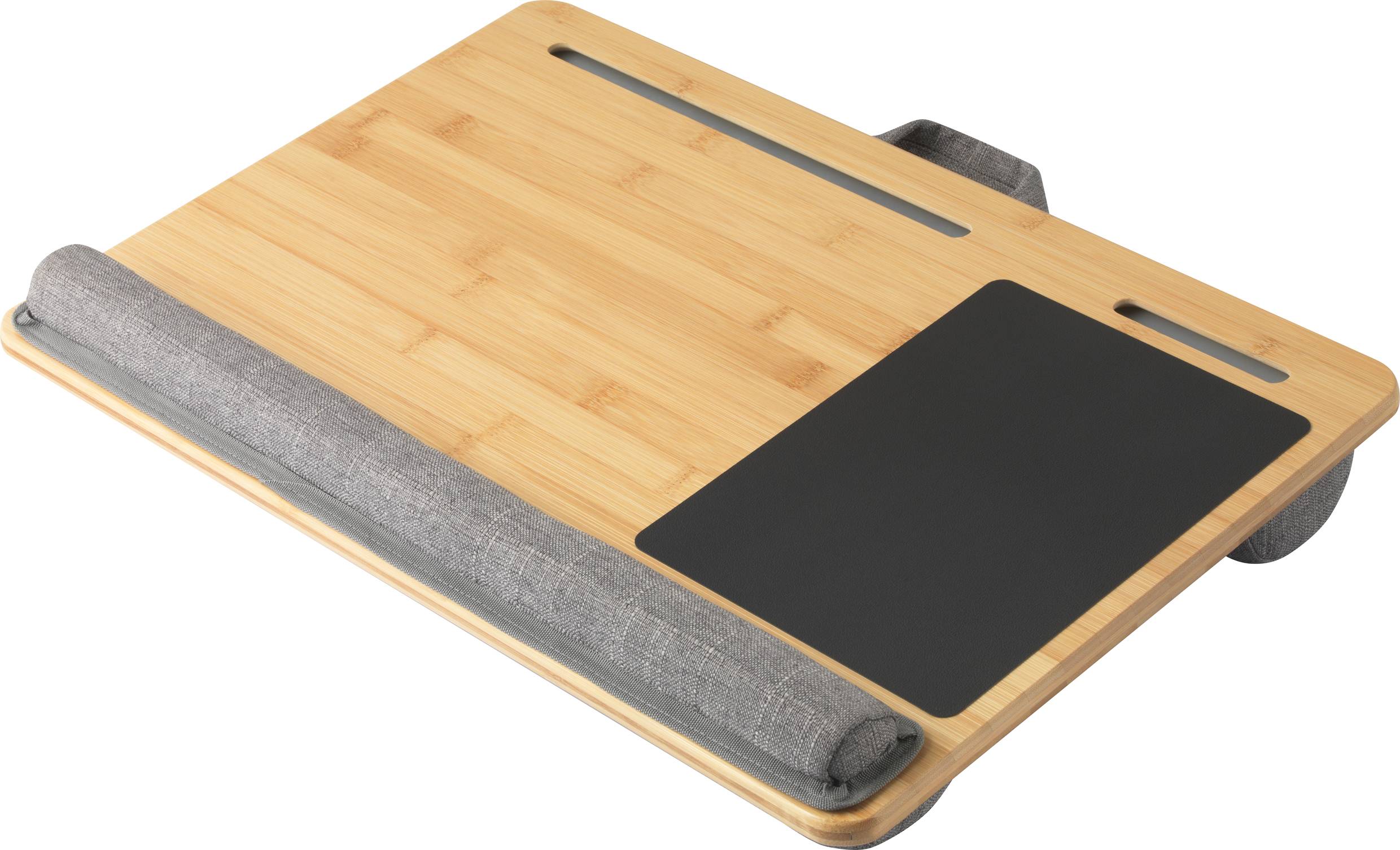 Holz-Laptop-Tisch mit grauem Stoffpolster und integrierter Mauspadtasche. Ideal für bequemes Arbeiten auf Sofa oder Bett.