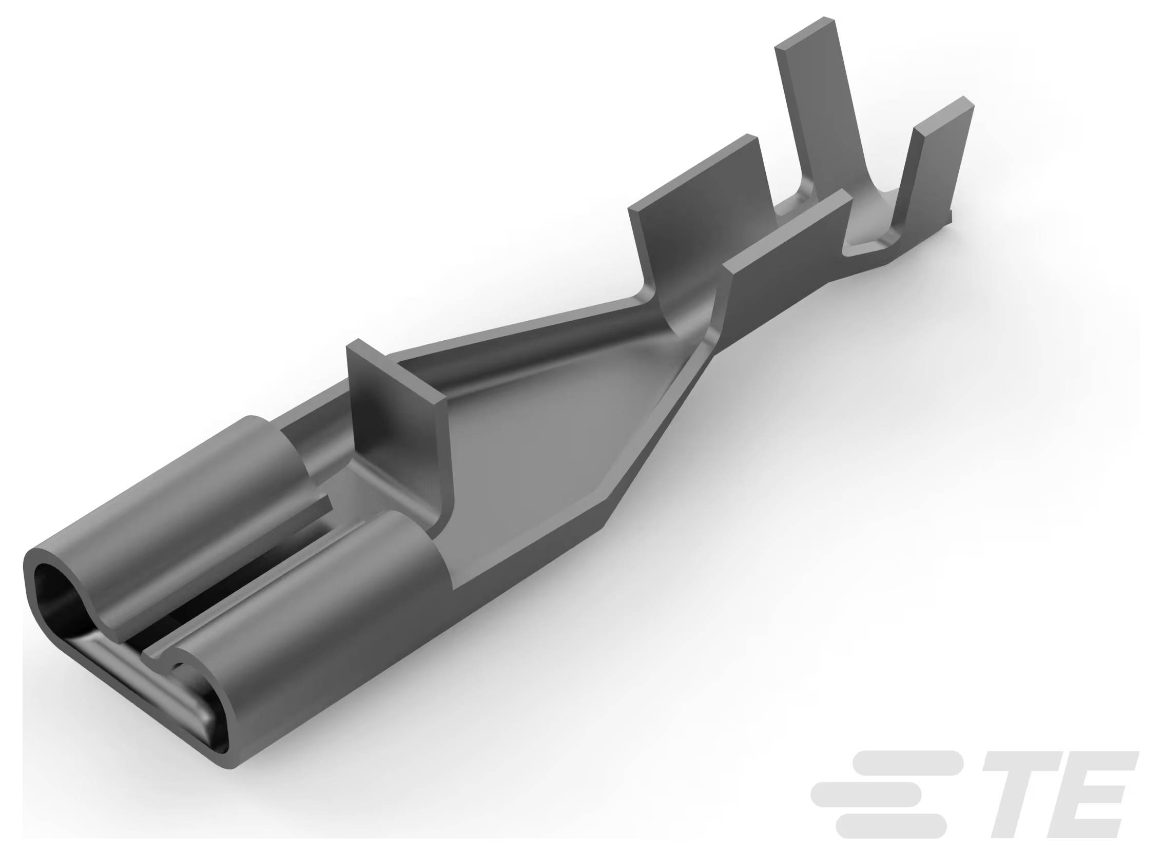 Ein graues Metall-Elektrostecker-Anschlussterminal auf weißem Hintergrund mit dem 