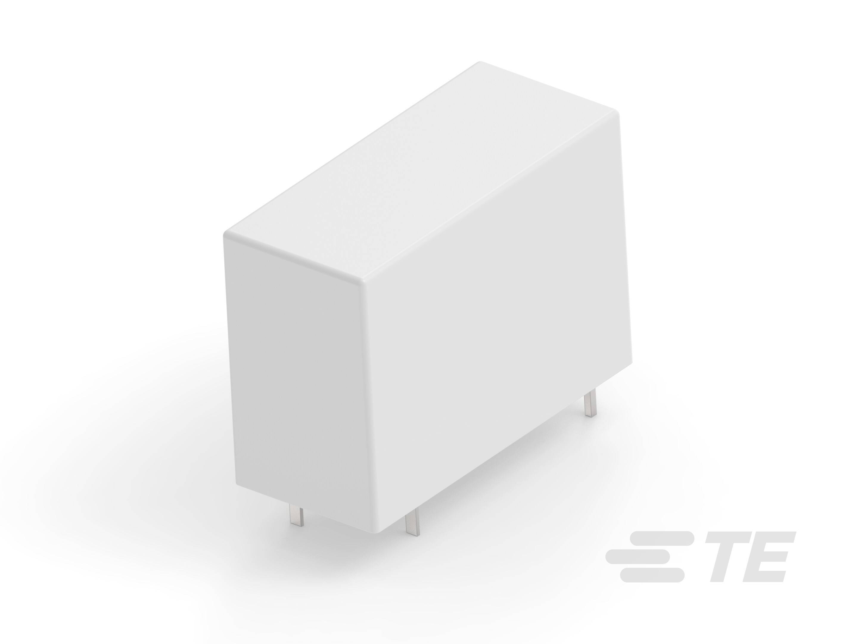 Ein rechteckiges elektrisches Bauteil mit vier Anschlüssen auf weißem Hintergrund.