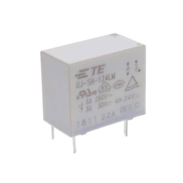 Ein weißes Relais mit der Aufschrift 'TE OJ-SH-124LM', zeigt elektrische Spezifikationen und Symbol für UL-Zertifizierung.