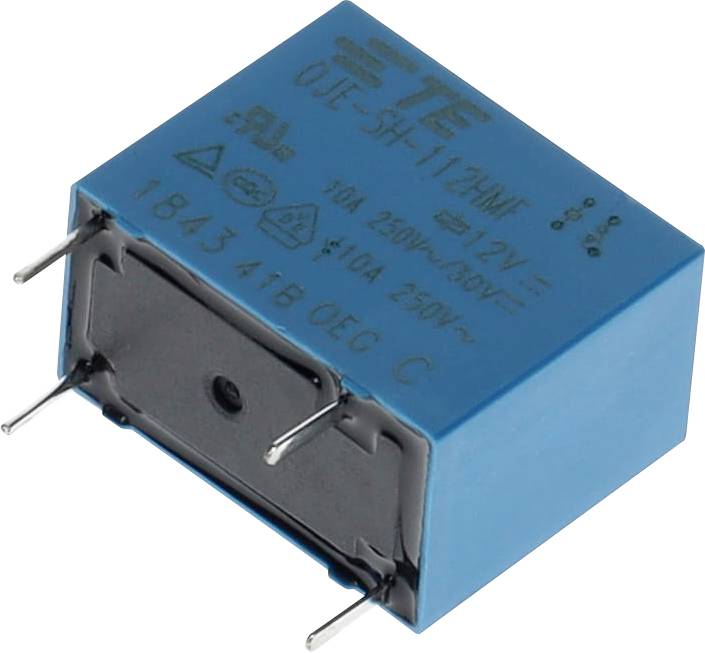 Ein blauer elektrischer Relais mit Pins und weißem Text oben, der Modell- und Spannungsspezifikationen anzeigt.