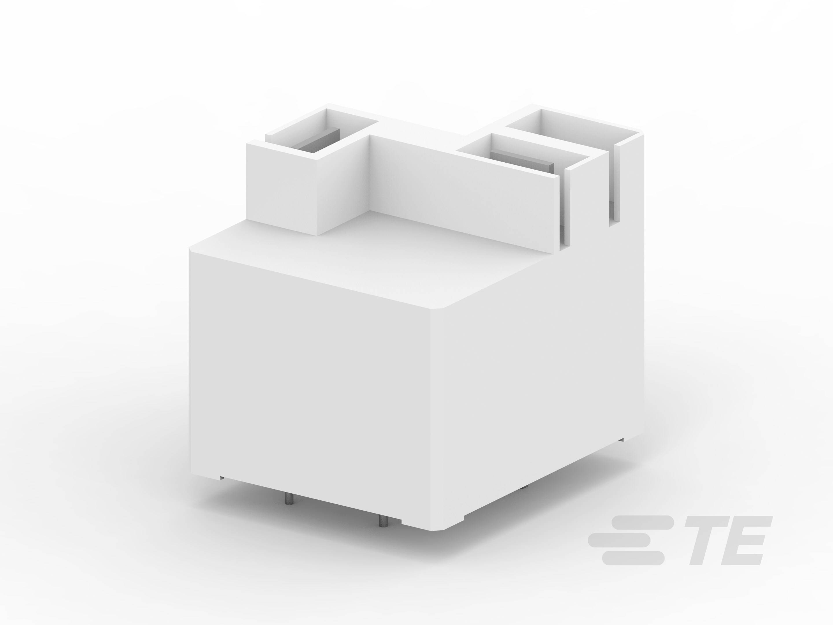 Ein kleines, weißes, rechteckiges elektronisches Bauteil mit mehreren Anschlusspunkten und einer TE-Logo-Markierung.