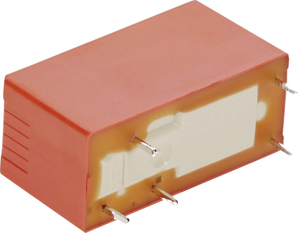 Orange elektronisches Bauteil mit mehreren Metallanschlüssen, höchstwahrscheinlich ein Relais, das in Leiterplatten für elektrische Verbindungen verwendet wird.
