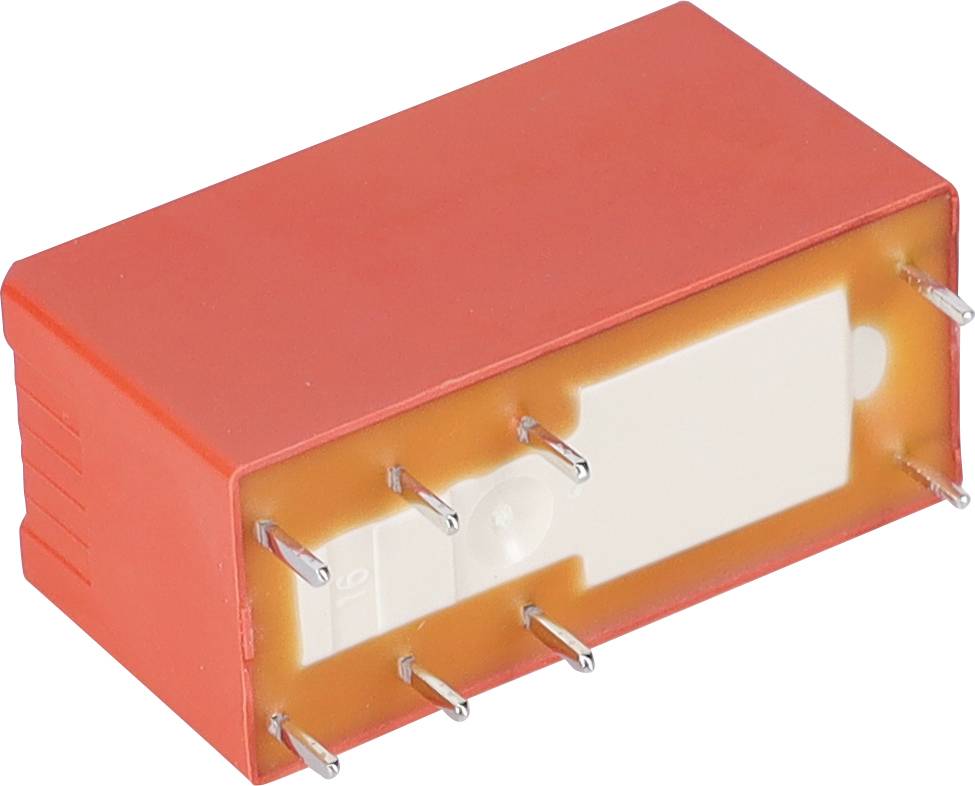 Eine rote rechteckige elektronische Komponente mit Metallstiften an einer Seite, höchstwahrscheinlich ein Relais oder ein ähnliches Gerät für elektrische Schaltkreise.