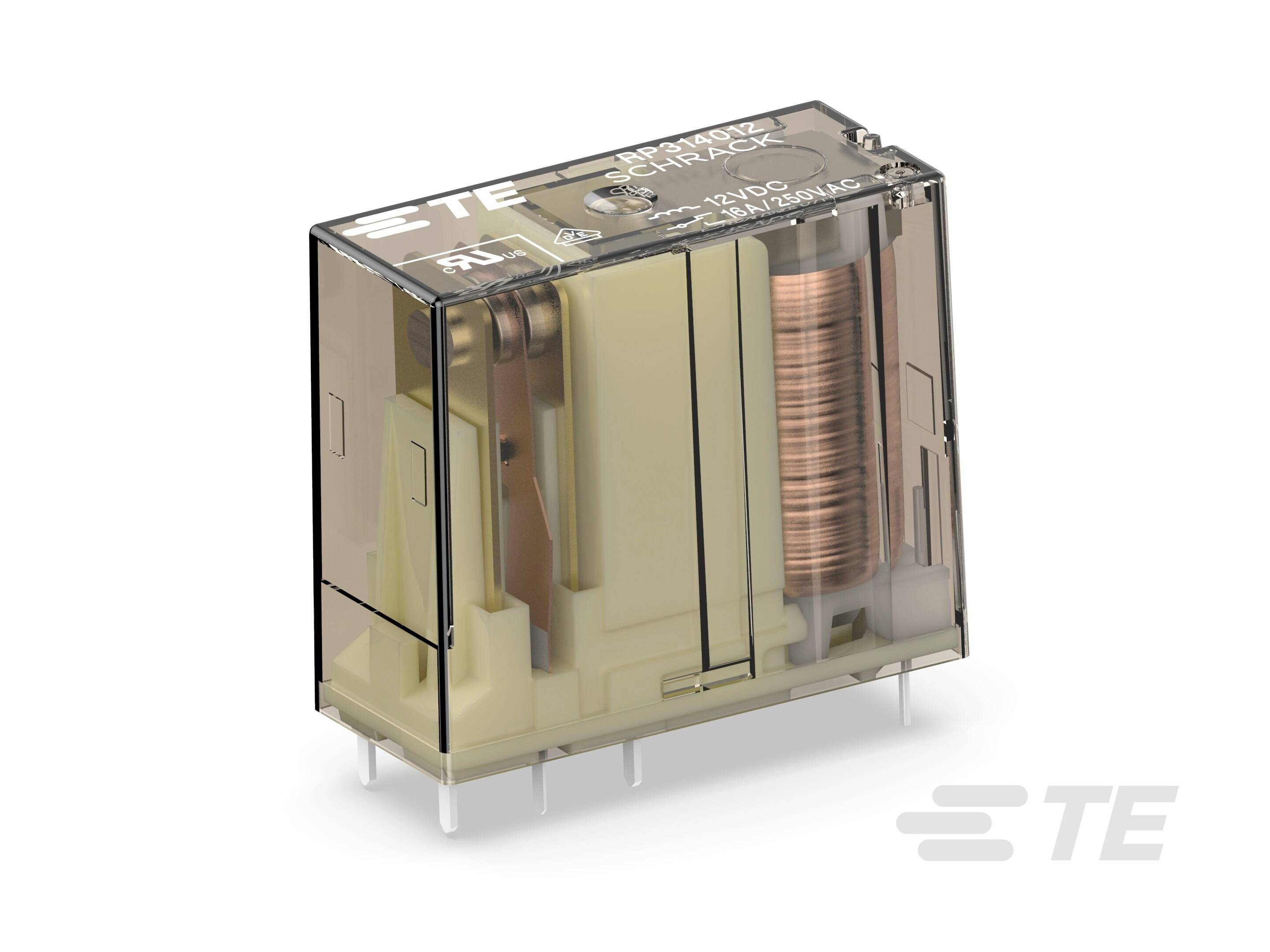 Elektromagnetisches Relais in transparenter Kunststoffhülle mit sichtbarer Kupferspule, Herstellerlogo oben links.