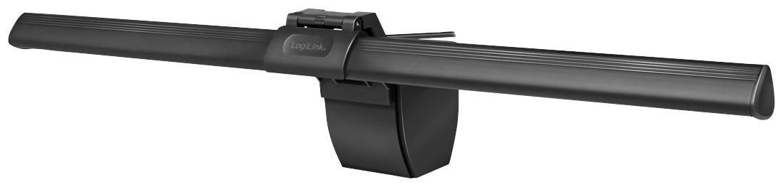 Schwarze Monitorlampe mit langem, schmalem Design und einem stabilen Clip zur Befestigung an Bildschirmen.