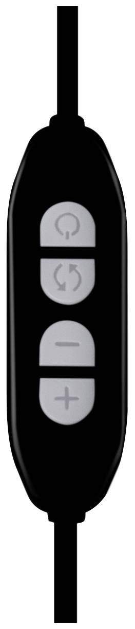 Schwarze Fernbedienung mit drei Tasten: 'Ein/Aus', 'Pfeil im Kreis' und 'Plus'.