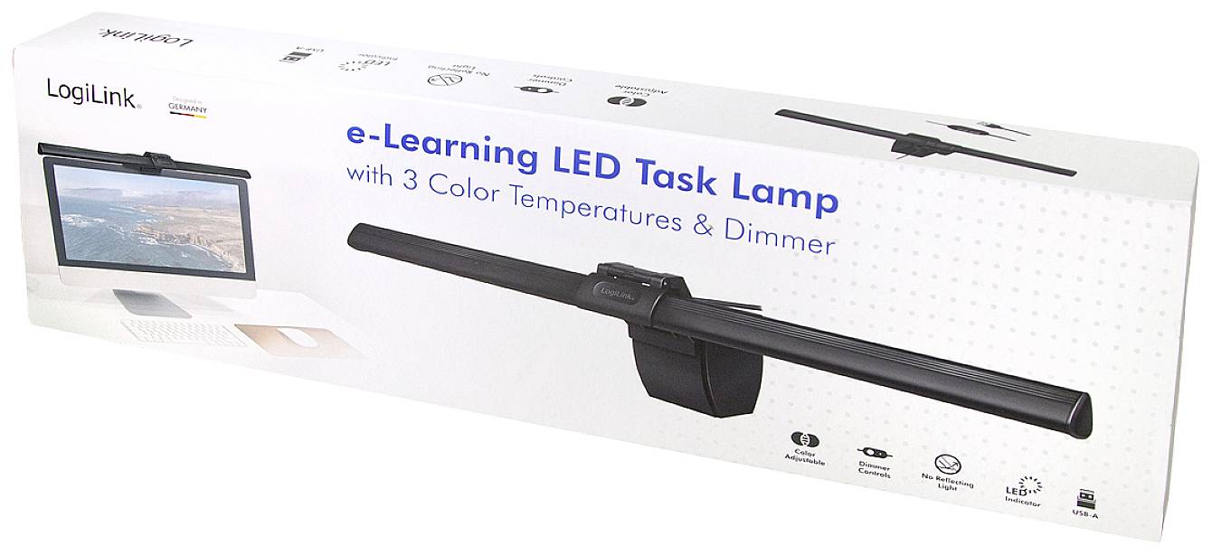 Verpackung einer 'e-Learning LED Task Lamp' von LogiLink, zeigt eine LED-Leuchte. Funktionen: 3 Farbtemperaturen und Dimmer.