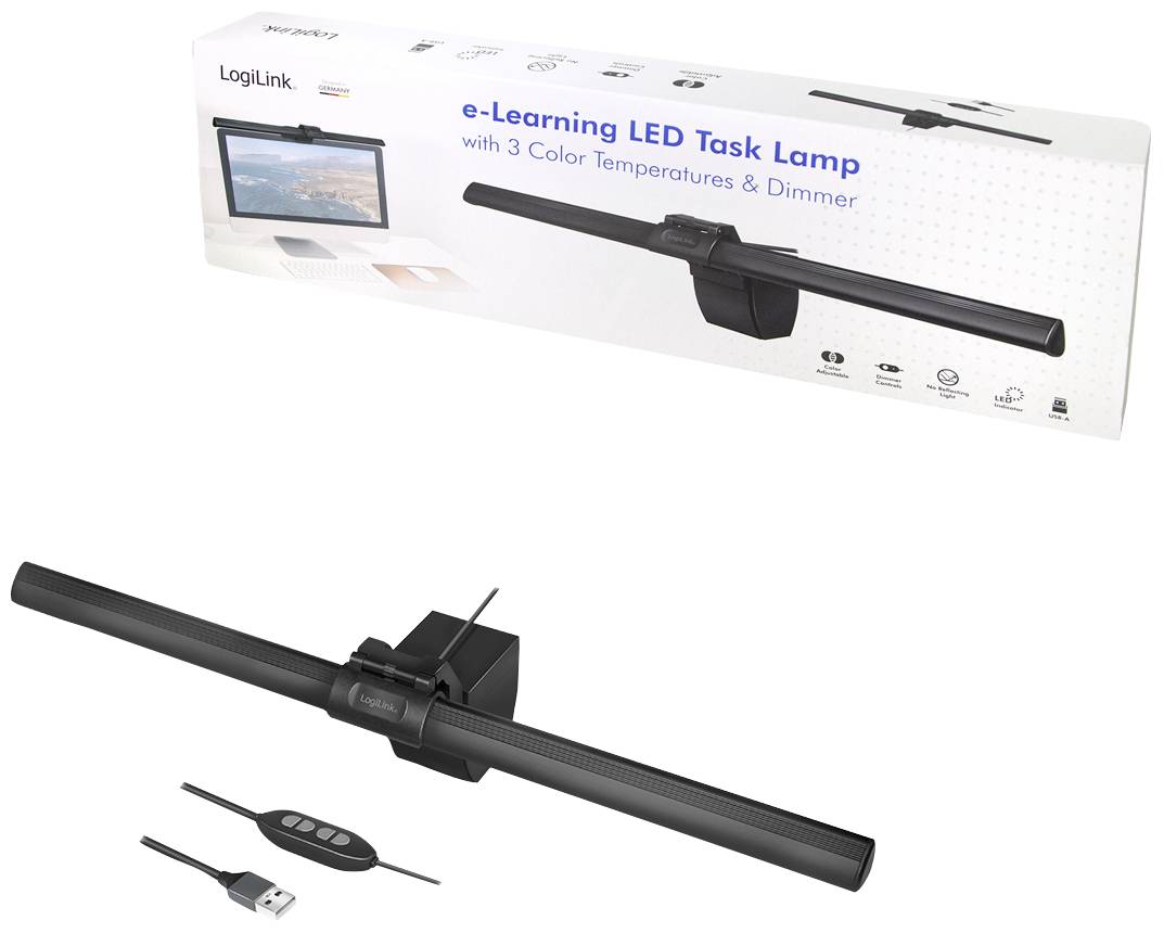Schreibtischlampe von LogiLink, 'e-Learning LED Task Lamp' mit einstellbaren Farbtemperaturen; geeignet für Bildschirmbeleuchtung. Enthält Fernbedienung und USB-Anschluss.