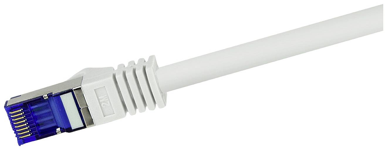 Ein weißes Ethernet-Kabel mit blauem Stecker, geeignet für Netzwerkverbindungen.