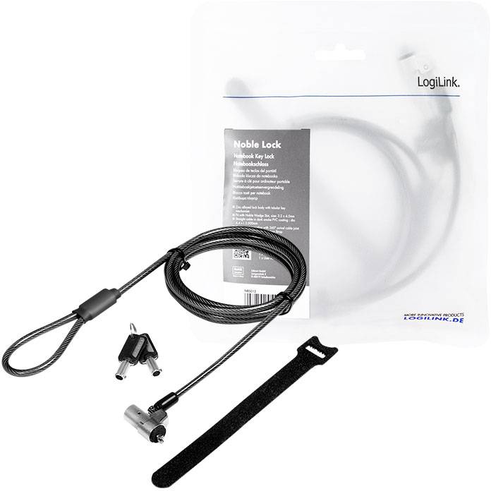 LogiLink Laptop Schloss Schlüsselschloss inkl. 2 Schlüssel, Klett-Kabelbinder ermöglicht ein ordentliches Kabelmanagement 15 mm NBS012