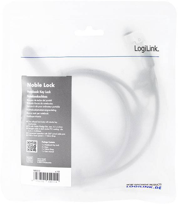 LogiLink Laptop Schloss Schlüsselschloss inkl. 2 Schlüssel, Klett-Kabelbinder ermöglicht ein ordentliches Kabelmanagement 15 mm NBS012