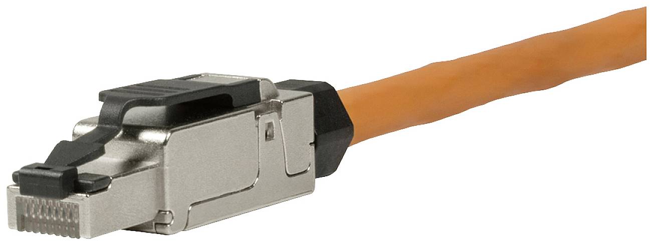 Ein orangefarbenes Netzwerk-SFP-Kabel mit Metallanschluss, bereit für die Datenverbindung.