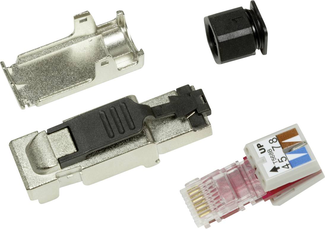 Ein zerlegter Netzwerkstecker, bestehend aus einem Metallgehäuse, einem Kunststoffclip, einem Kabelstopper und einem RJ45-Konnektor.