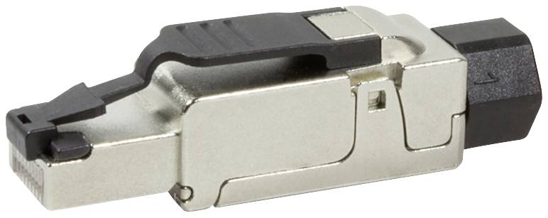 Ein silberner RJ45-Stecker mit schwarzem Kunststoffklinkenverschluss. Geeignet für Netzwerkverkabelungen, zeigt die seitliche Ansicht.