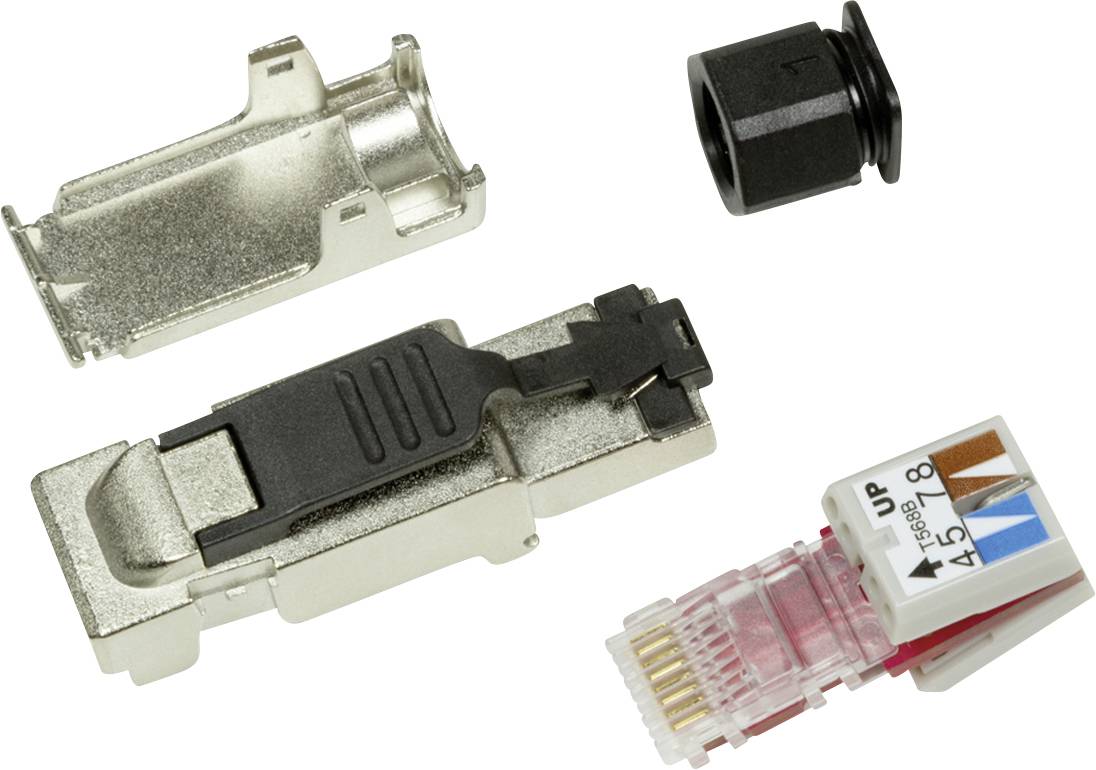 Netzwerkstecker-Kit mit Metallgehäuse, Kunststoffabdeckung und farbcodiertem Modul, geeignet für Netzwerkkabelverbindungen.