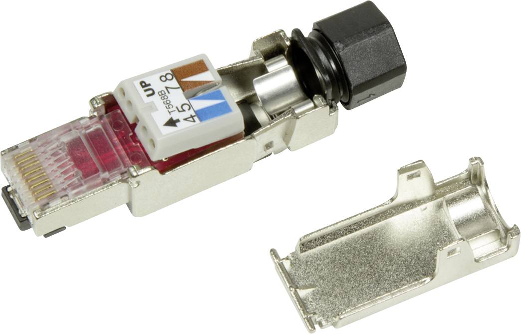 Ein RJ45 Netzwerkstecker mit Steckergehäuse, geeignet für Ethernet-Verbindungen. Sichtbar sind Anschlussfarben und Kontakte.