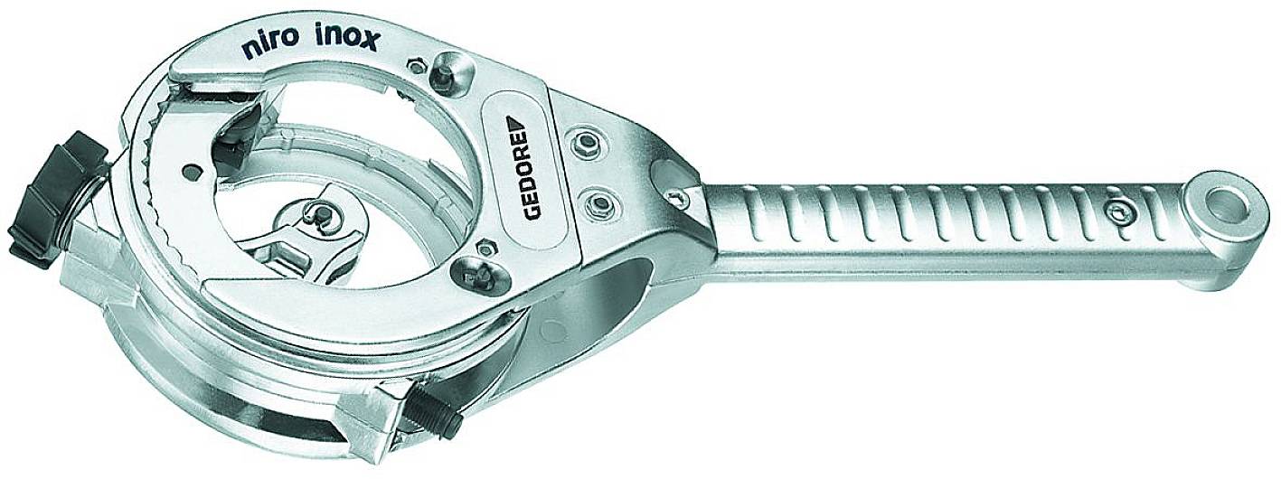 Ein silbernes Rohrschneidewerkzeug mit einem robusten Griff, geeignet für präzises Schneiden von Rohren. Aufschrift 'GEDORE'.