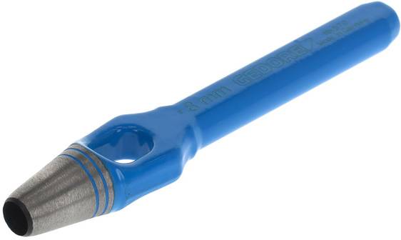 Ein blauer Lochstanzer mit metallischer Spitze, auf der '8 mm' eingeprägt ist, liegt schräg.