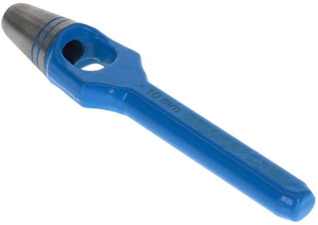 Ein blauer Lochstanzer mit metallener Spitze, gekennzeichnet mit '10 mm', für das Stanzen von runden Löchern in Materialien.