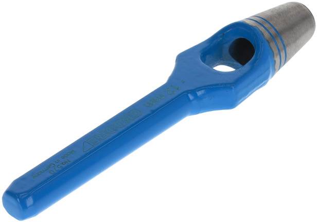 Blauer Gabelschlüssel mit einem runden Metallkopf, geeignet für Arbeiten an runden Bauteilen oder Rohren.