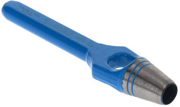 Lochstanze mit blauem Griff, verwendet zum Stanzen von Löchern in Materialien. Markierung zeigt 12 mm Größe an.