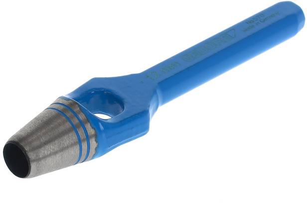 Ein blauer Locheisen, 12 mm, für das präzise Ausstanzen von kreisförmigen Löchern in Materialien wie Leder oder Textilien geeignet.