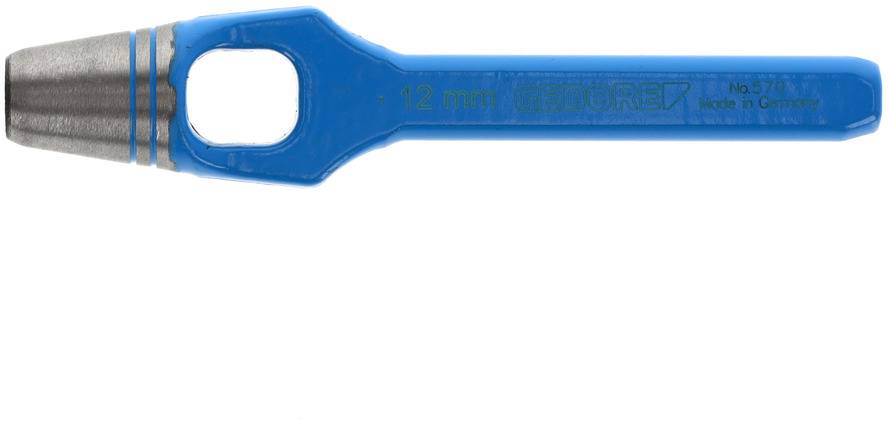 Ein blauer Schraubenschlüssel mit der Aufschrift '12 mm GEDORE'. Der Metallkopf hat zwei silberne Ringe. Hergestellt in Deutschland.