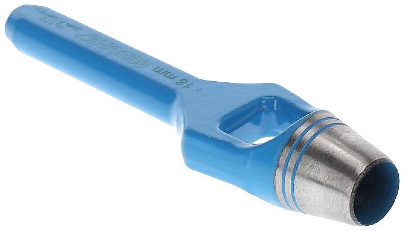 Blauer Hohlschnitt-Stanzer mit metallischem Schneidkopf und runder Öffnung, verwendet zum präzisen Stanzen von Materialien.
