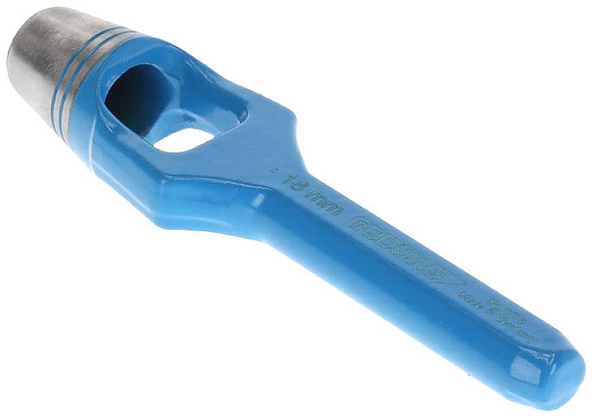 Ein blauer Locher mit Metallspitze, vermutlich für das Stanzen von runden Löchern in Materialien wie Leder oder Stoff.