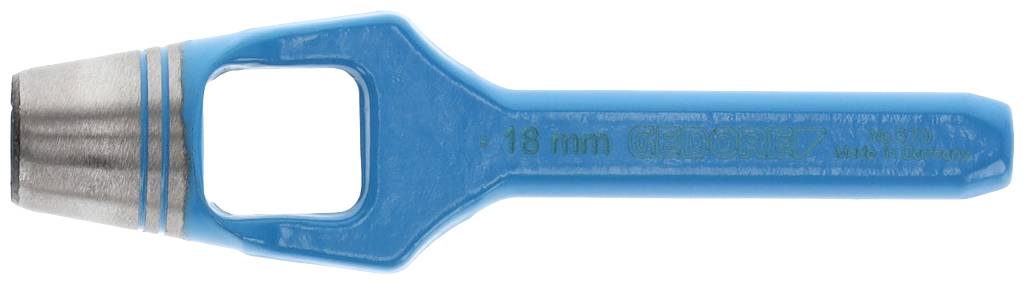 Blauer Kunststoffgriff mit Metallkappe, Beschriftung '18 mm GEDORE', verwendet für Handwerkzeuge.