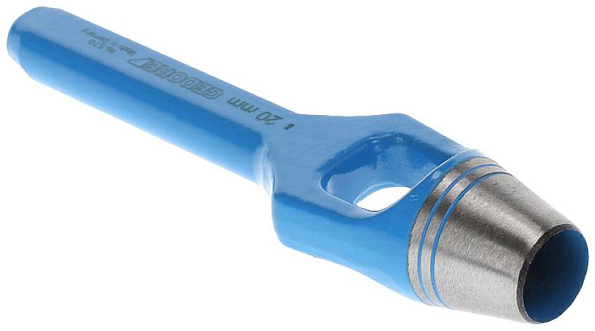 Lochstanze aus Metall mit blauem Griff, 20 mm Durchmesser. Wird verwendet, um saubere, runde Löcher in Materialien zu stanzen.