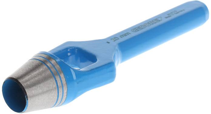 Ein blauer Hohlbeitel mit einer Metallspitze, verwendet zum sauberen Schneiden von Löchern in Materialien.