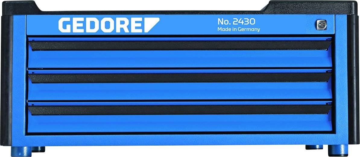 Blauer Werkzeugkasten mit drei Schubladen, Aufschrift 'GEDORE No. 2430 Made in Germany'.