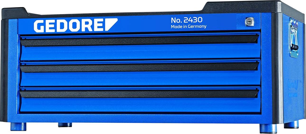 Werkzeugkasten von GEDORE, Modell Nr. 2430, blau mit drei Schubladen und 'Made in Germany'-Aufschrift, robustes Design.