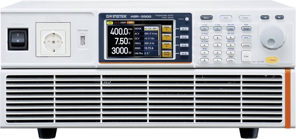 Elektronisches Testgerät mit Digitalanzeige und Bedienelementen, zur Strom- und Spannungsmessung. Markierungslabel 'GWINSTEK ASR-3300'.
