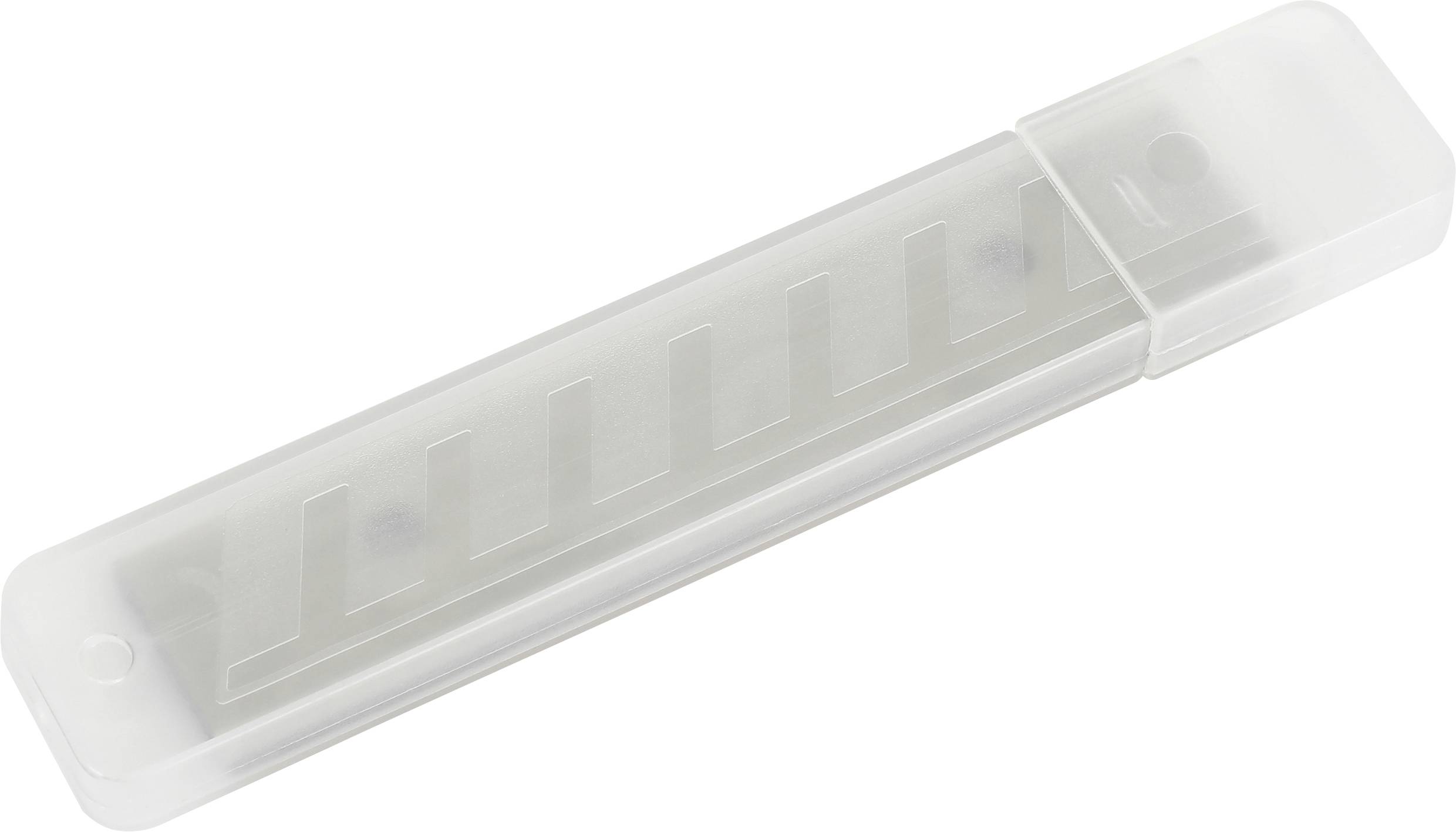 Transparente Plastikbox mit einem Cutter-Messer. Box zeigt Klingenstapel im Inneren, geeignet zur sicheren Aufbewahrung.
