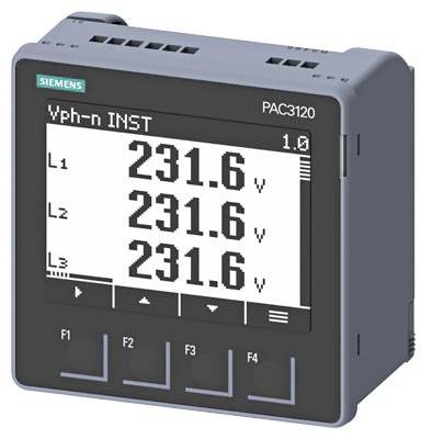 Ein Siemens PAC3120 Spannungsmesser zeigt drei Phasenwerte an: L1 231,6V, L2 231,6V, L3 231,6V.